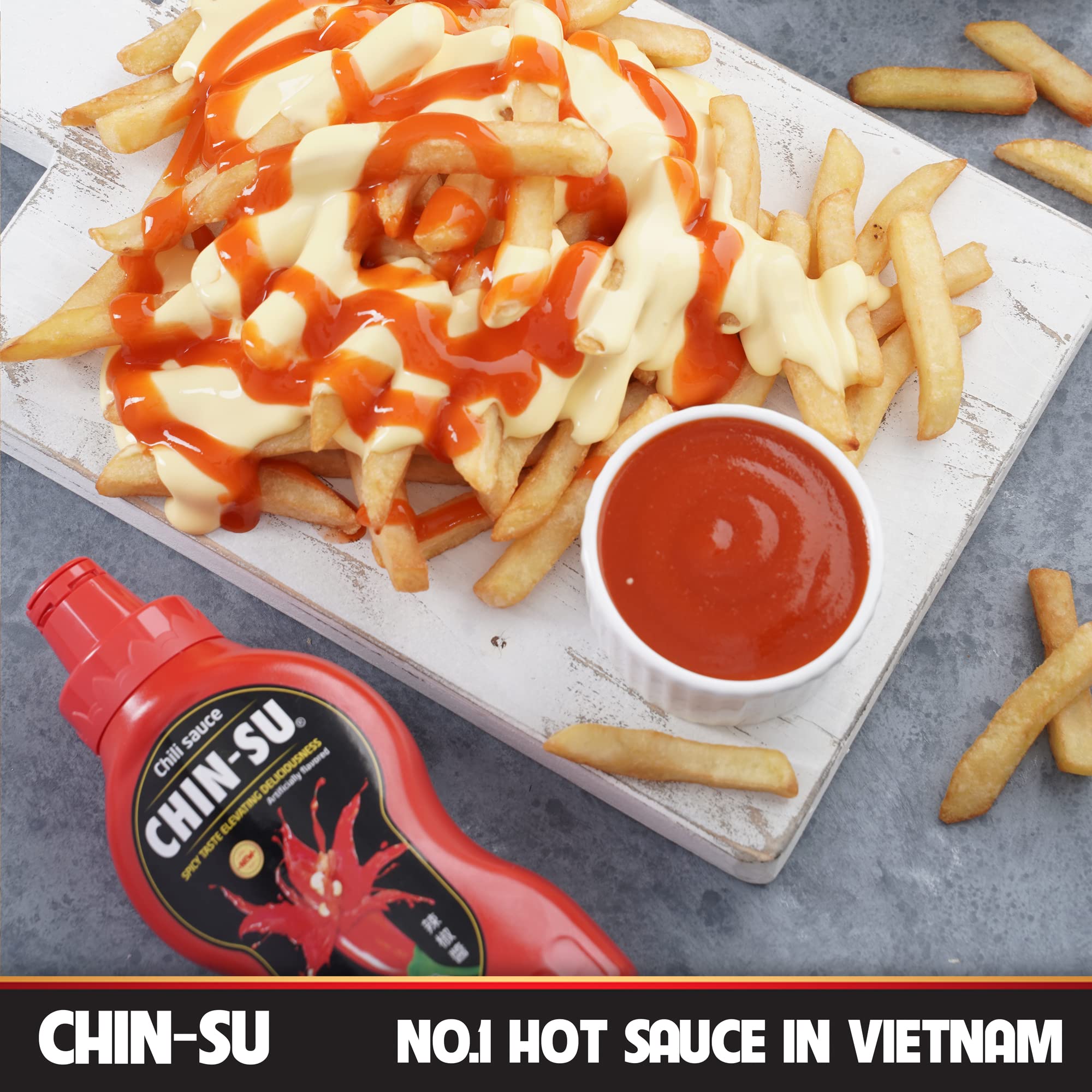 CHIN-SU Sweet Sriracha dipping sauce in action for dipping and flavor
