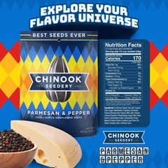 Chinook Seedery Parmesan & Pepper close-up highlighting savory, cheese-kissed seeds.