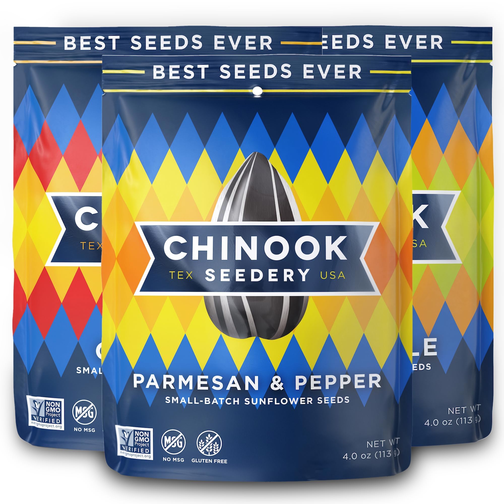 Chinook Seedery Parmesan & Pepper sunflower seeds in a resealable bag for bold on-the-go snacking.