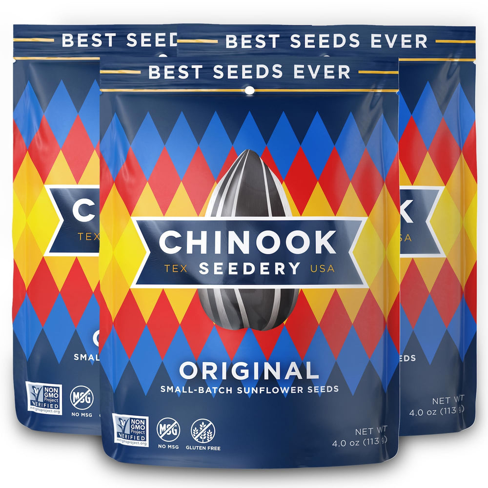 Chinook Seedery Original flavor roasted sunflower seeds in a 4oz bag, on-the-go snack