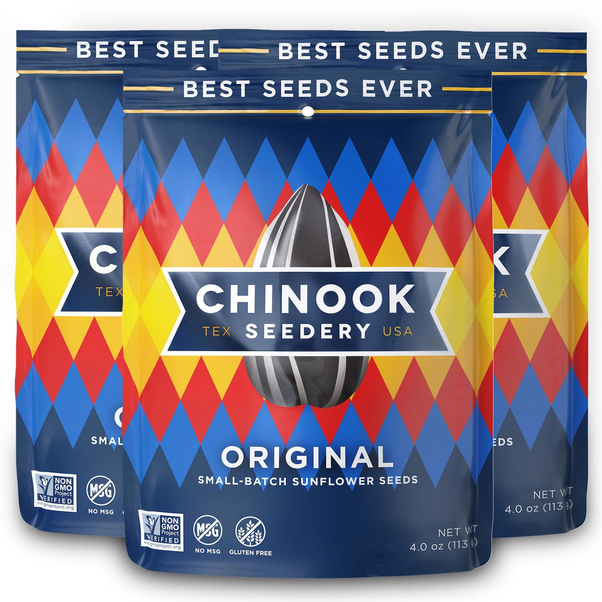 Chinook Seedery Original flavor roasted sunflower seeds in a 4oz bag, on-the-go snack