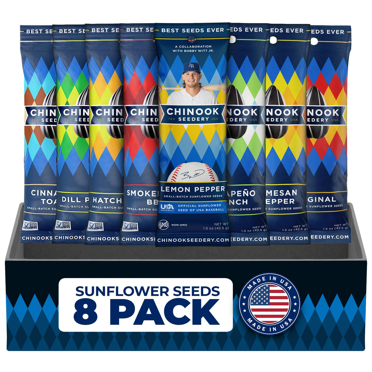 Chinook Seedery Original flavor sunflower seeds, single-serve pack for a protein-rich snack.