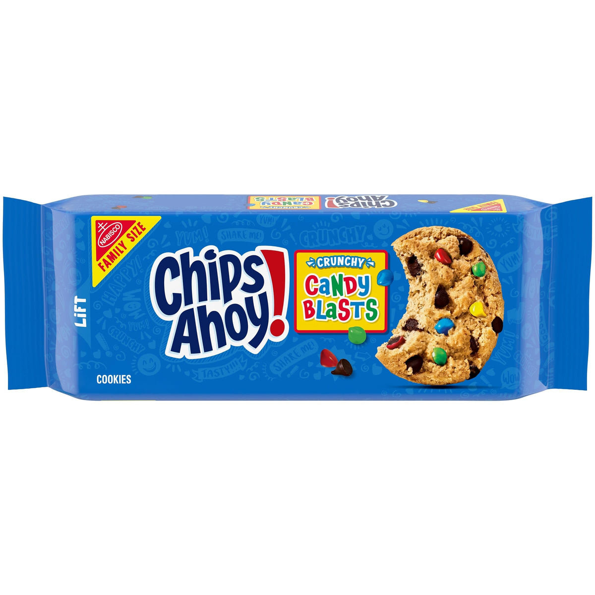 CHIPS AHOY! Candy Blasts close-up shows a bold crunchy bite with chips.