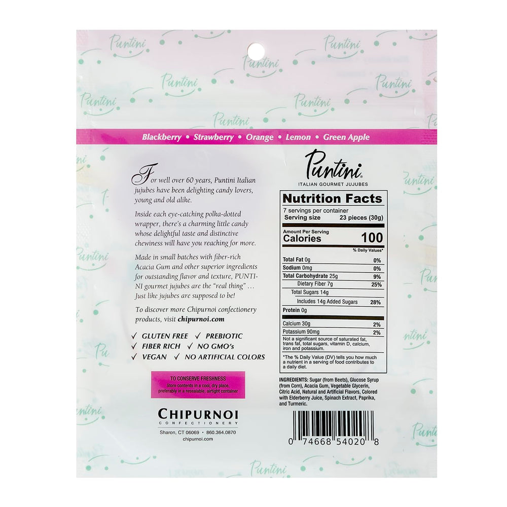 Chipurnoi Puntini Frutti Assortiti flavor variety image shows Blackberry, Strawberry, Green Apple, Orange, Lemon flavors.