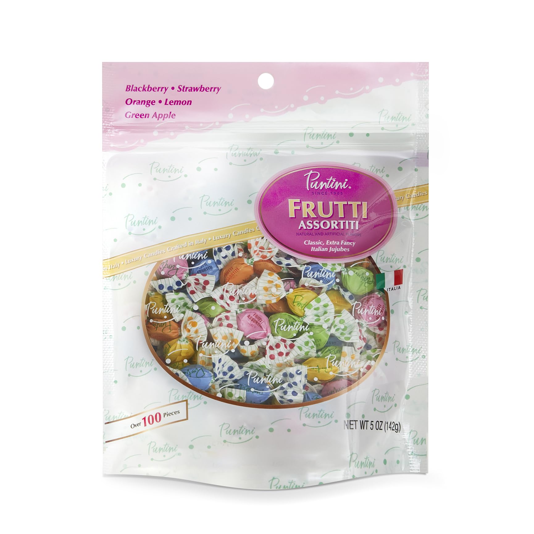 Chipurnoi Puntini Frutti Assortiti packaging highlights Italian gourmet chewy jujubes for convenient snacking.