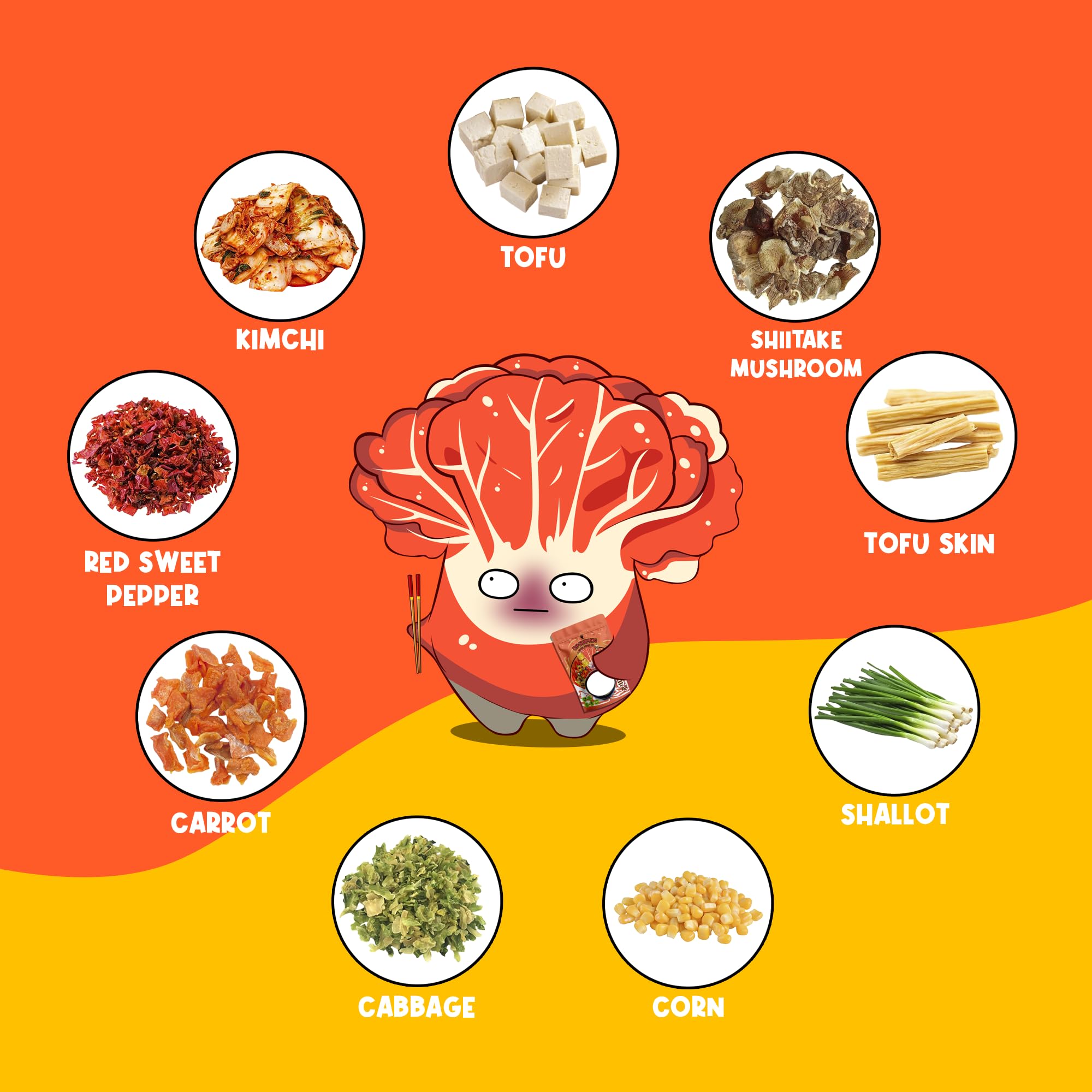 Chiramen Kimchi Veggie Mix red pepper adds color and spice to bowls.