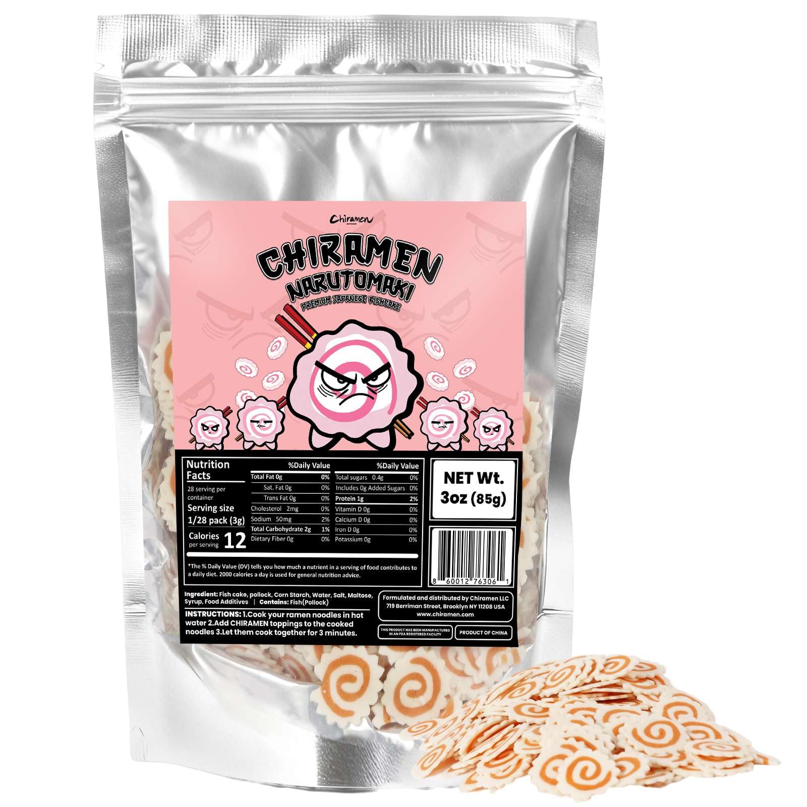 Chiramen narutomaki pink swirl enhances ramen presentation with vibrant color.