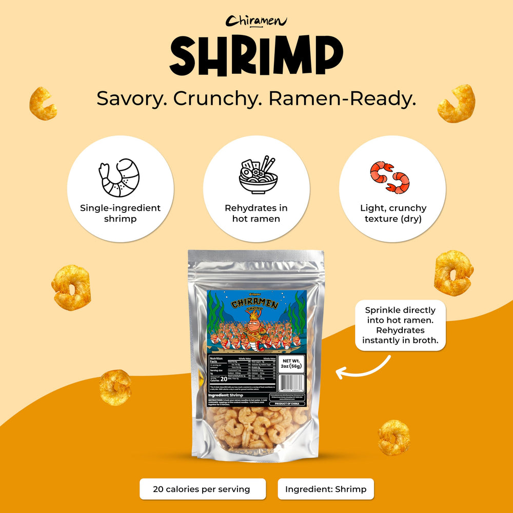 Chiramen Shrimp Toppings in a camping kit offer lightweight convenience and nutrition.