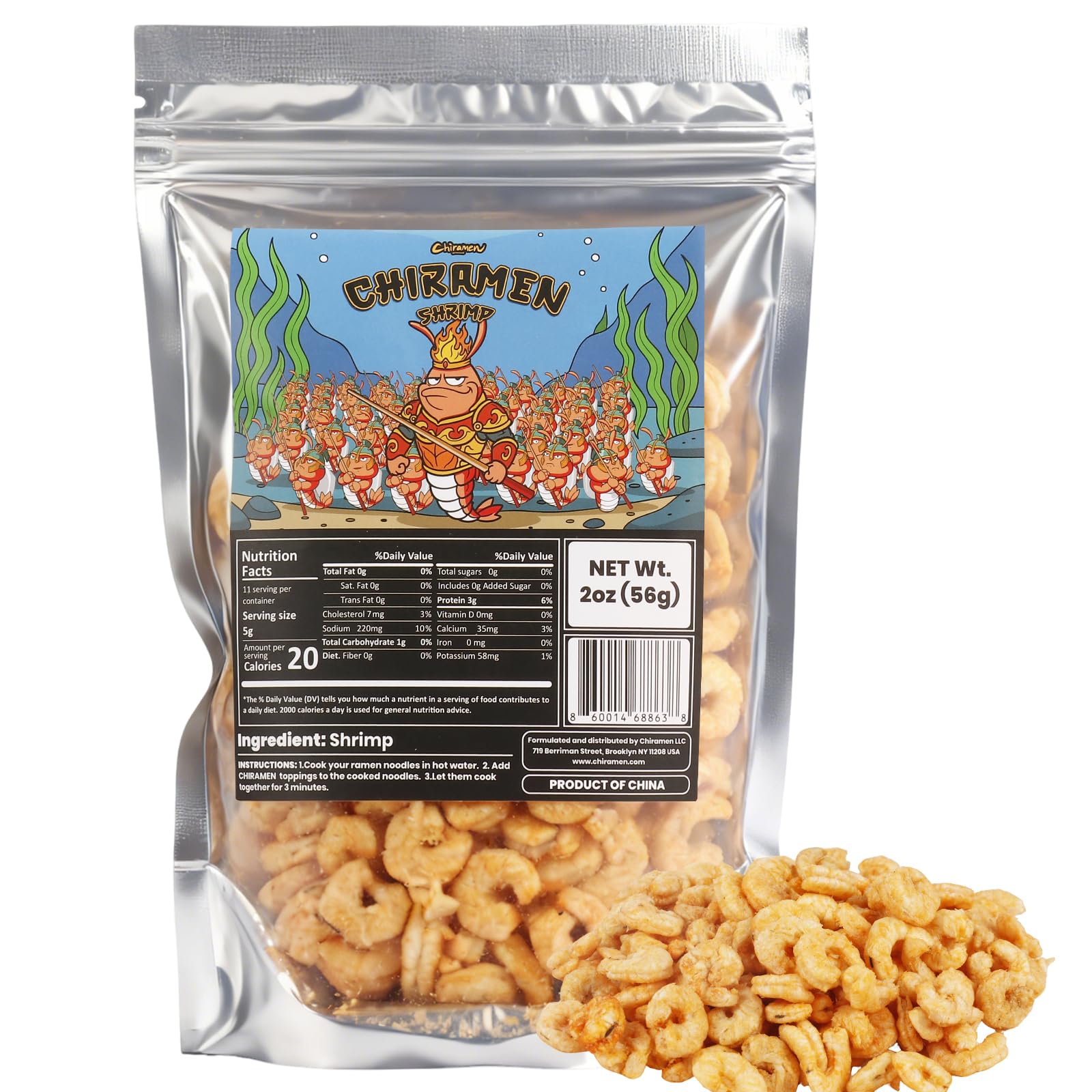 Chiramen Shrimp Toppings in packaging show shelf-life and ready-to-use flavor.