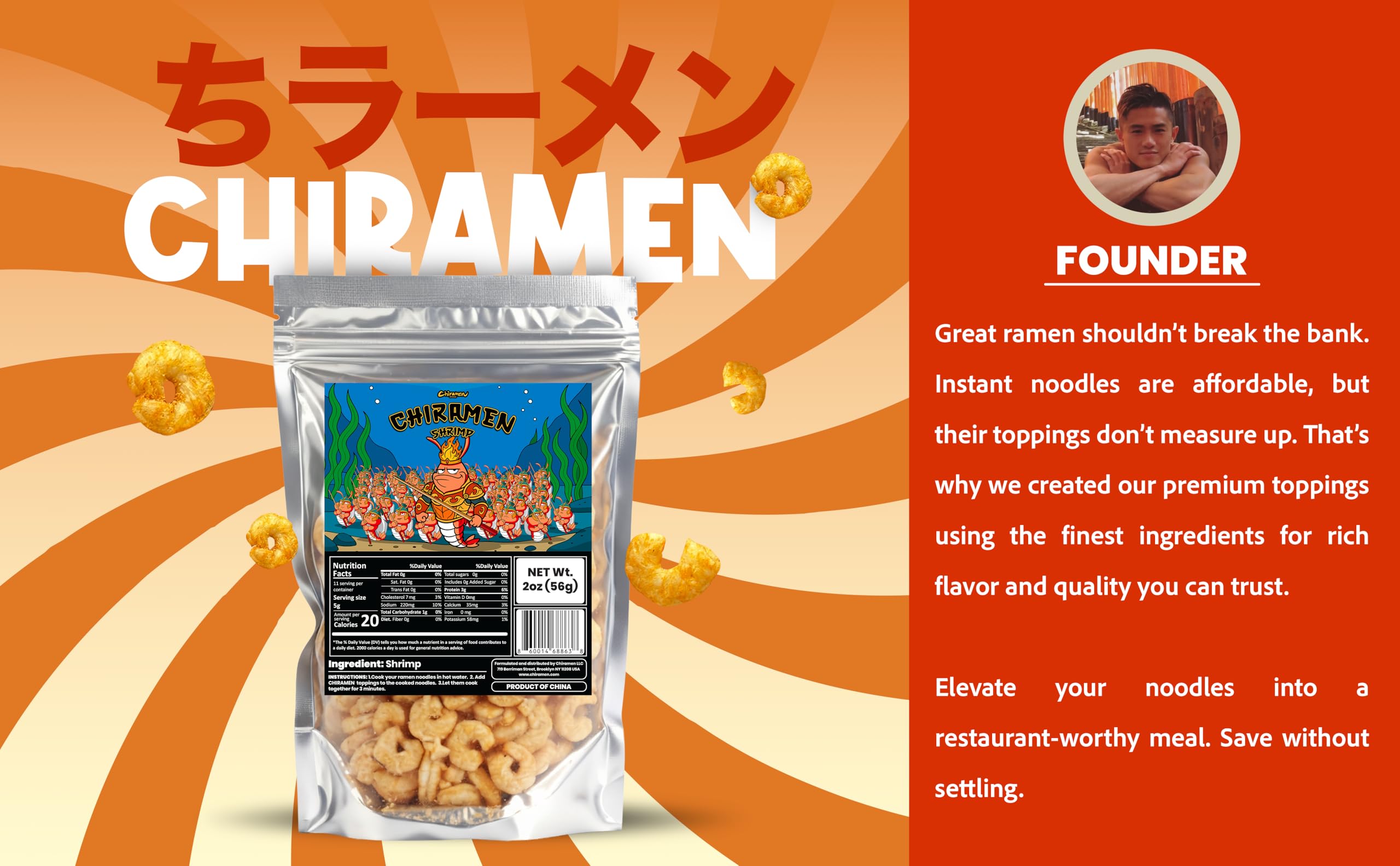 Chiramen Shrimp Toppings with steaming broth show versatile use across soups and fried rice.