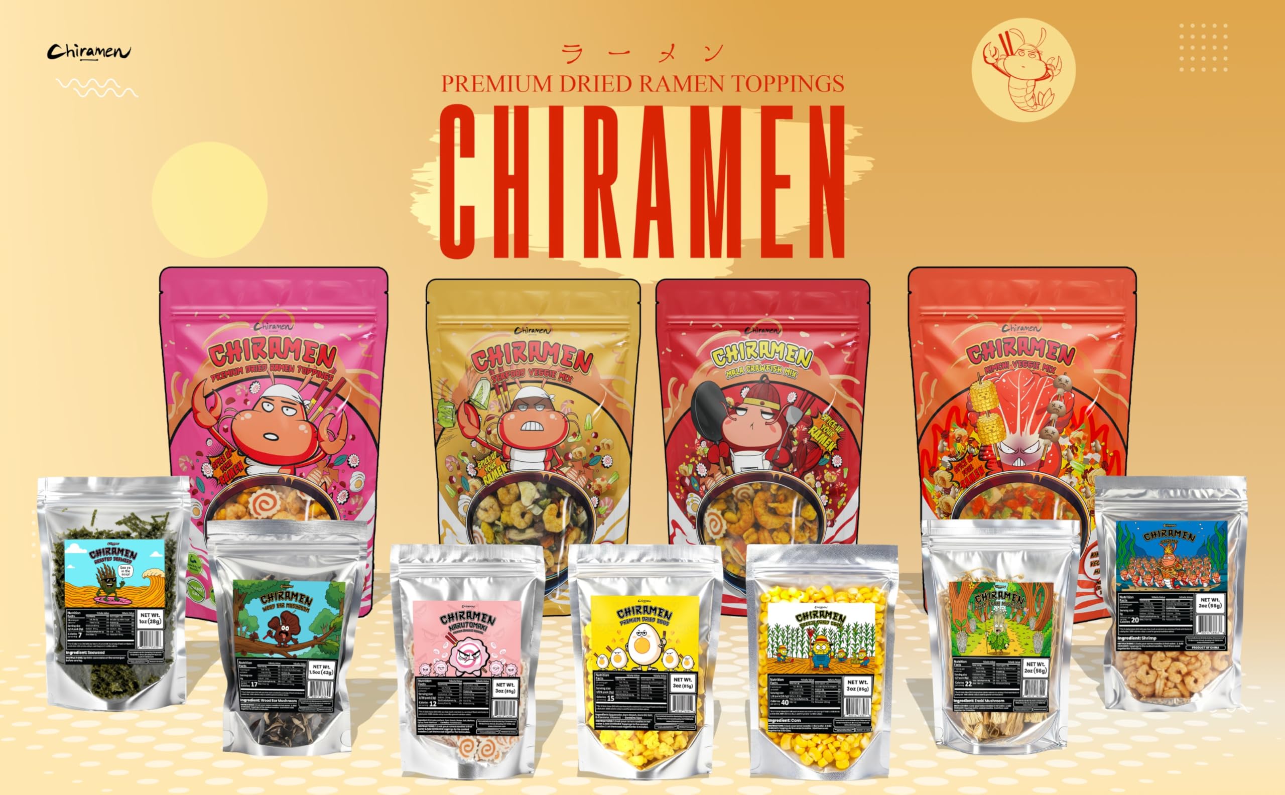 Chiramen Shrimp Toppings in a stir-fry scene promote quick, protein-rich meals.