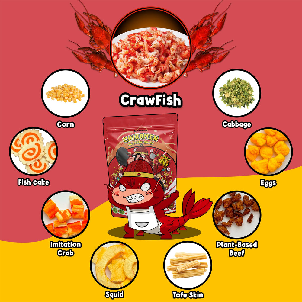 Chiramen imitation crab adds color and protein to ramen toppings.