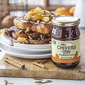 Chivers Olde Eng Marmalade glass jar on kitchen counter.