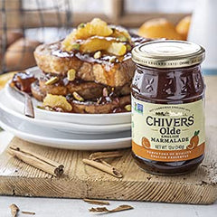 Chivers Olde Eng Marmalade glass jar on kitchen counter.