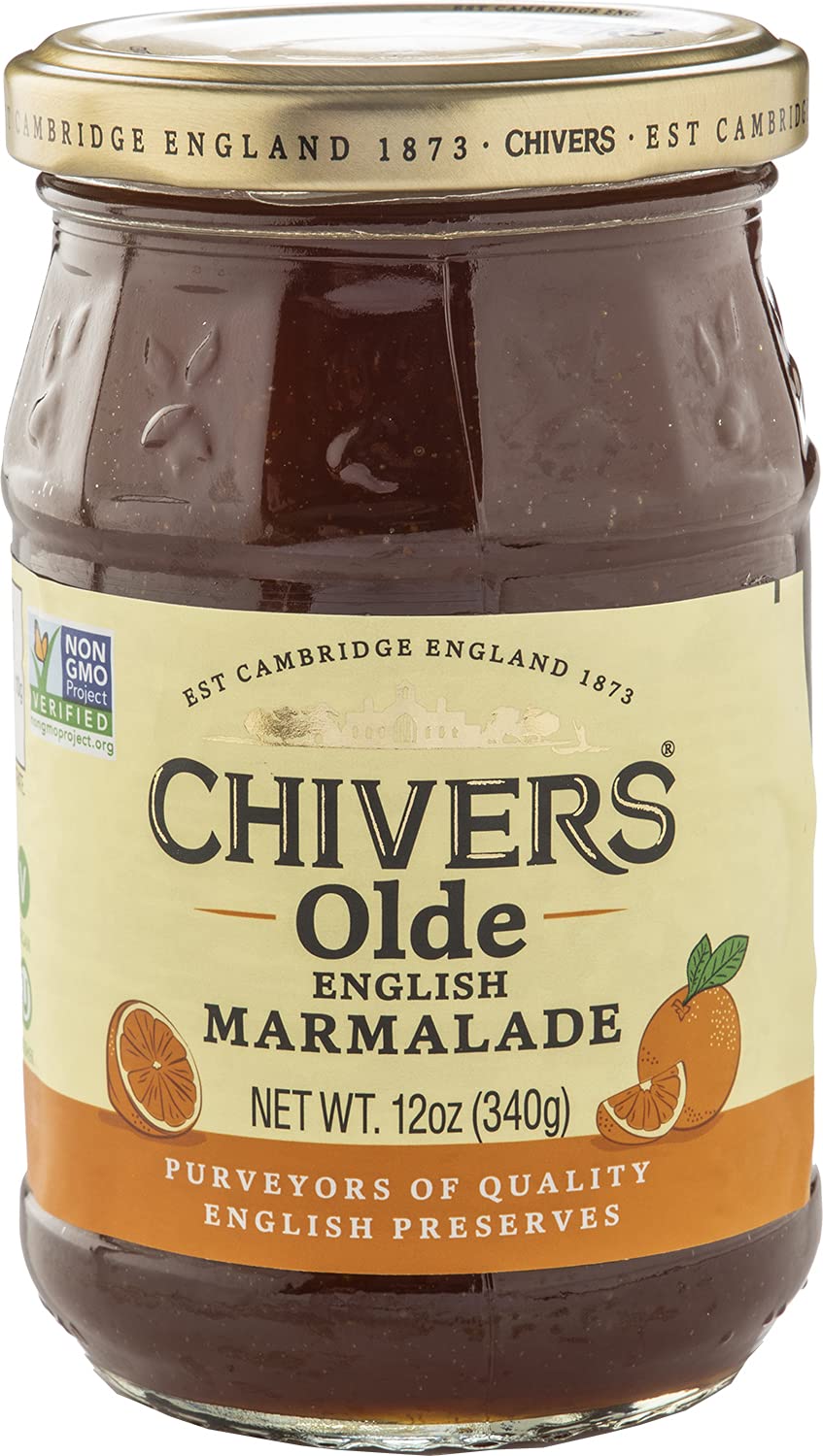 Chivers Olde Eng Marmalade jar closeup for tangy breakfast spread.