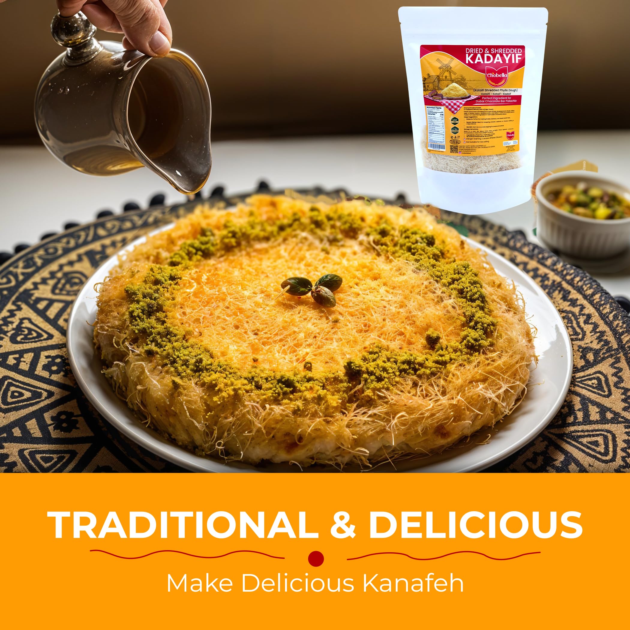 Chobella kataifi dough shredded with pistachio filling concept