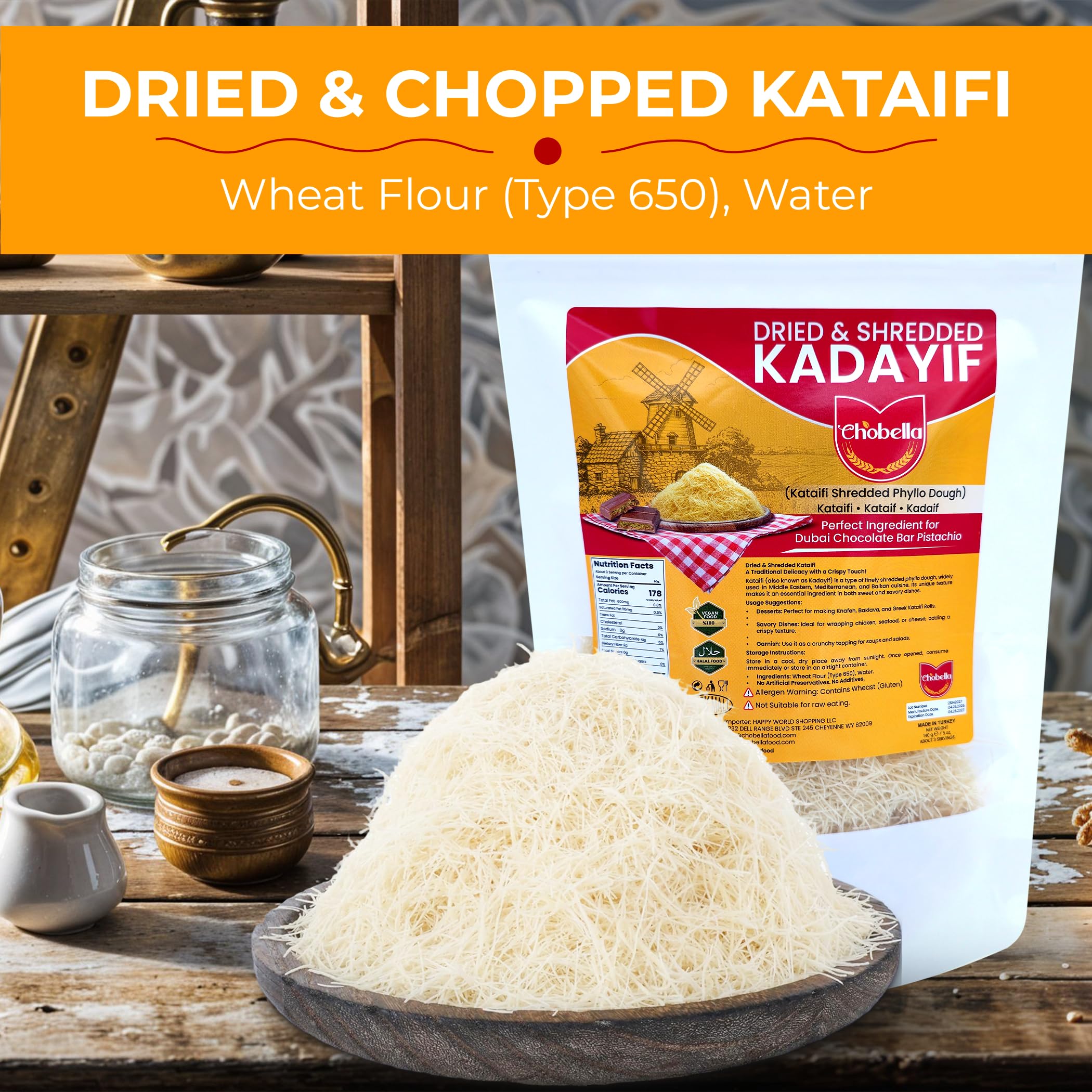 Chobella kataifi dough shredded raw shreds ready to measure