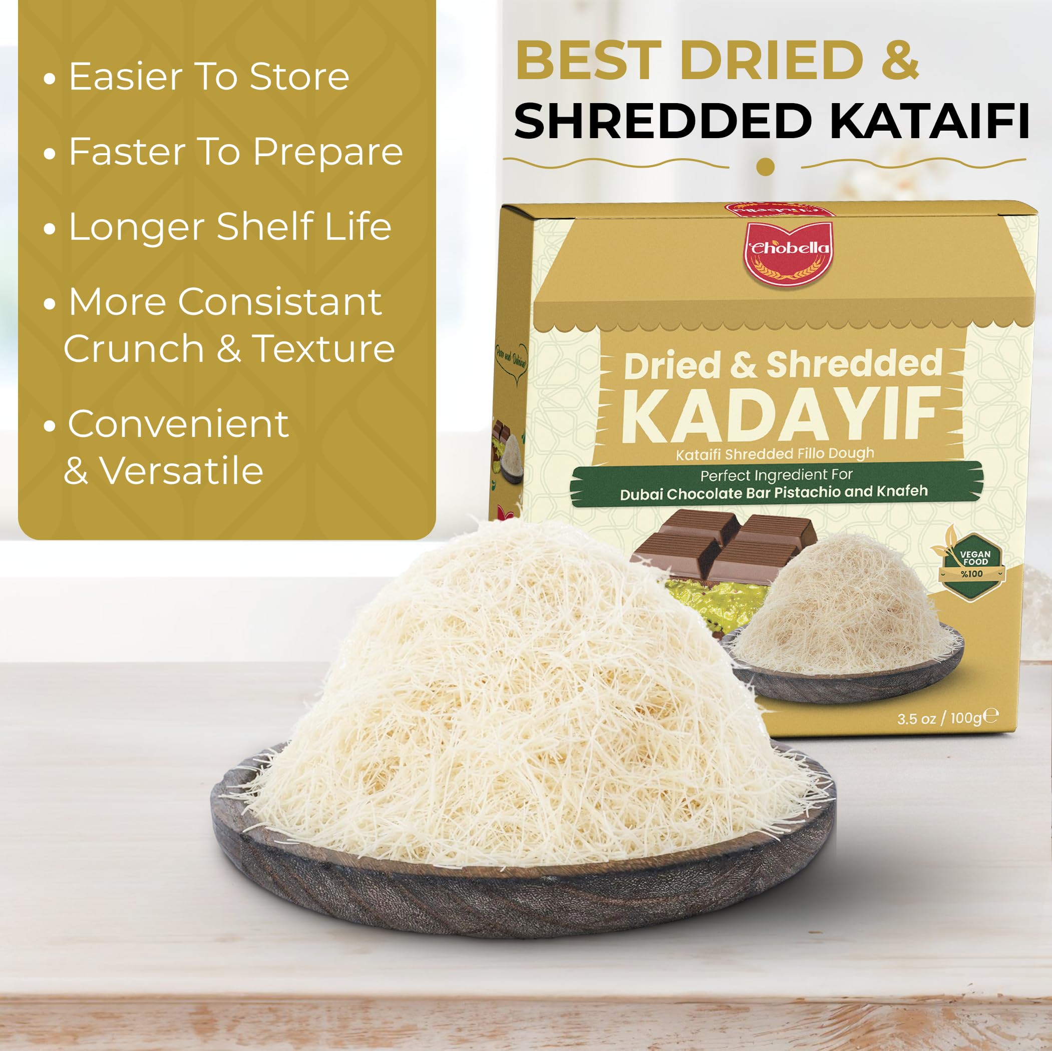 Chobella kataifi dough stays pliable before baking for easy pastry assembly