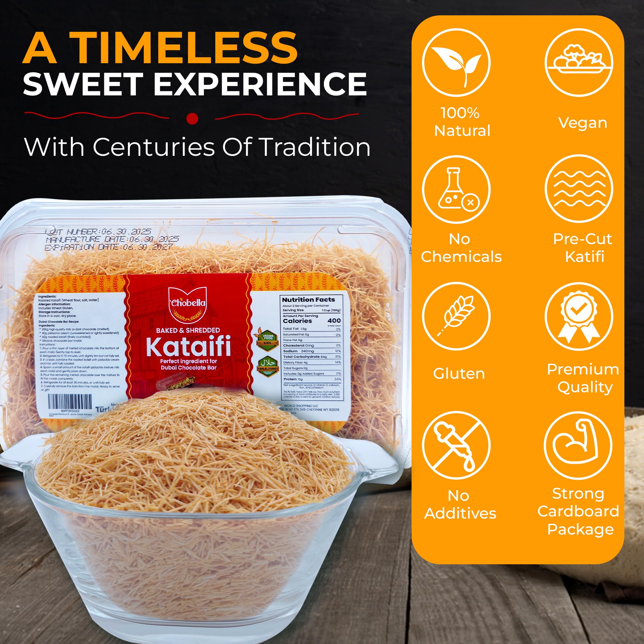 Natural additive-free kataifi with no preservatives for versatile recipes.