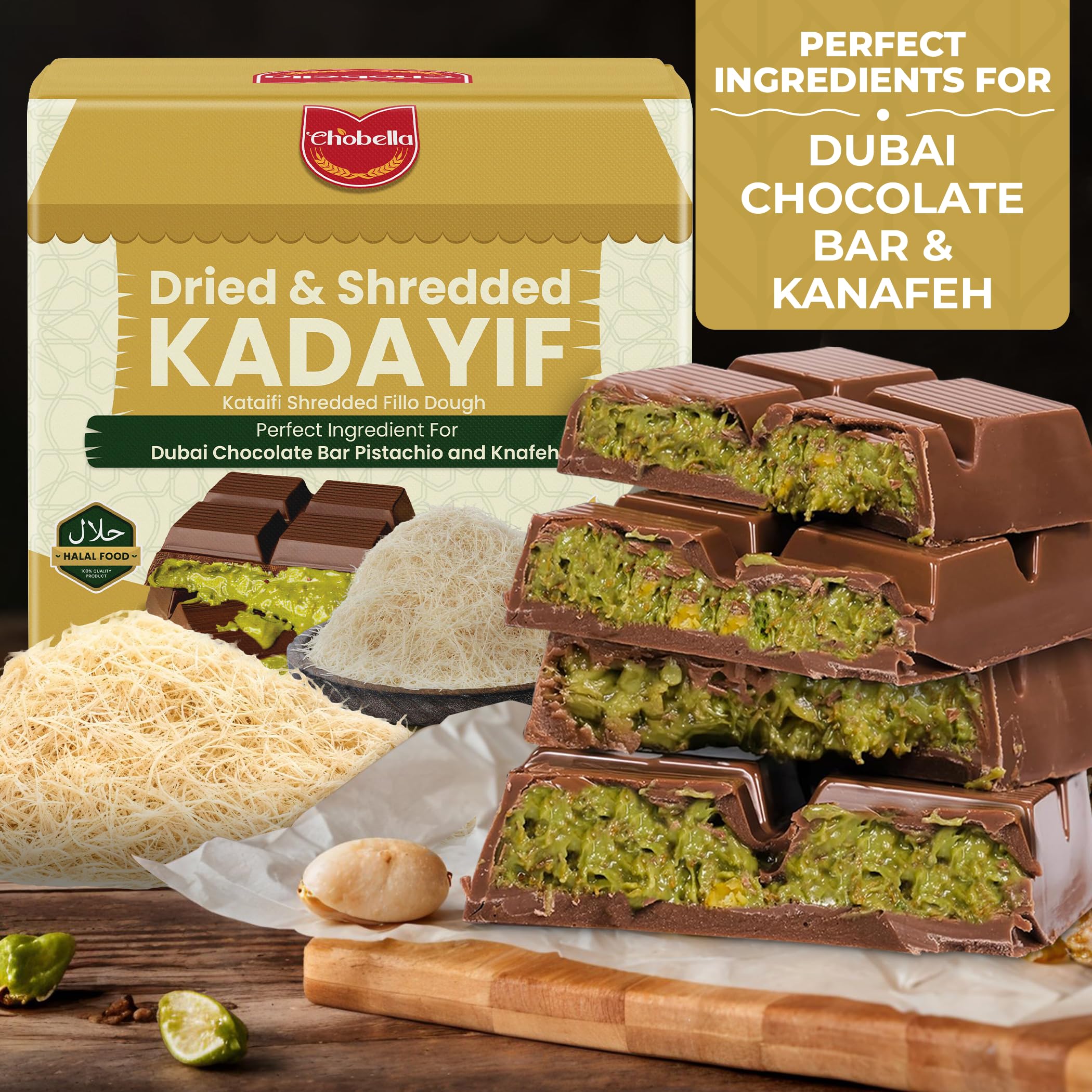 Chobella kataifi dough enhances pistachio chocolate bars with signature texture