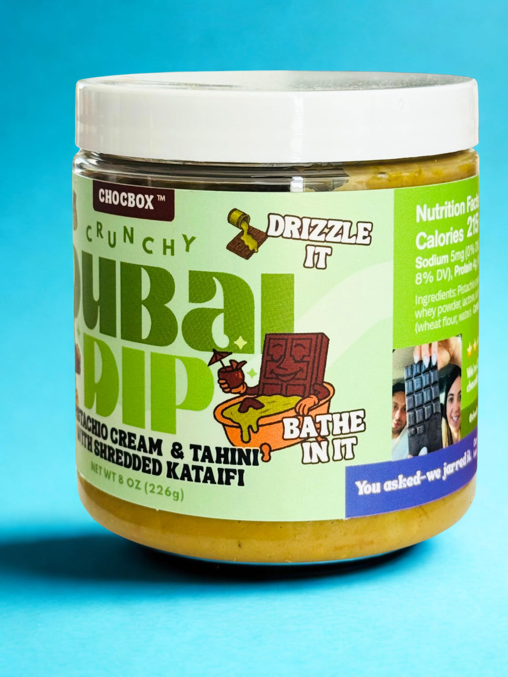 Chocbox Dubai Dip featuring shredded kataifi crunch, ideal for desserts and snacks.
