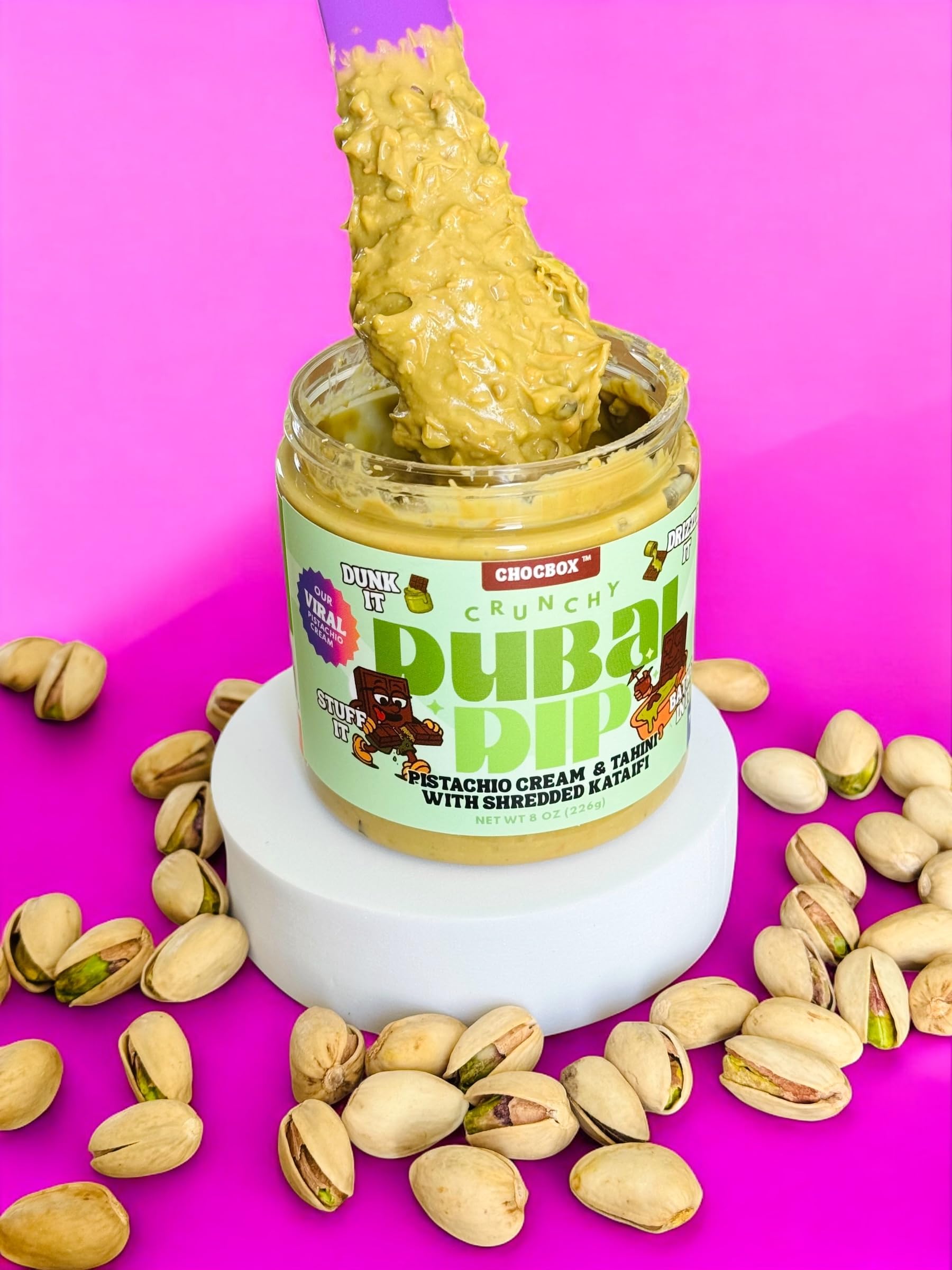 Chocbox Viral Dubai Dip used as filling for homemade chocolate bars with kataifi crunch.
