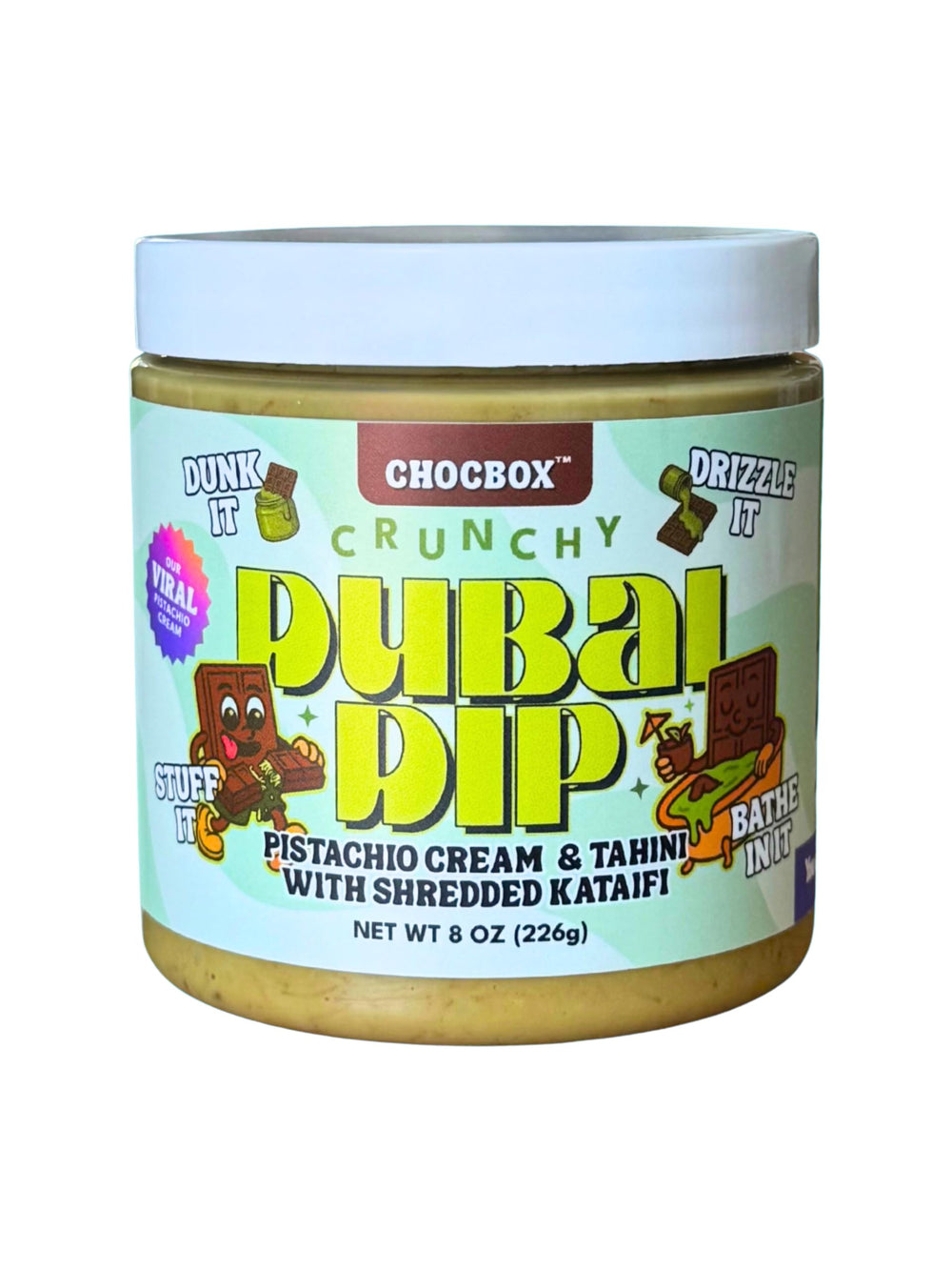Chocbox Viral Dubai Dip jar shows pistachio-tahini cream with kataifi crunch, perfect for dipping.