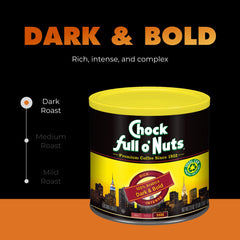 Chock Full o' Nuts Dark Bold beans closeup, highlights rich aroma ready for a bold brew.