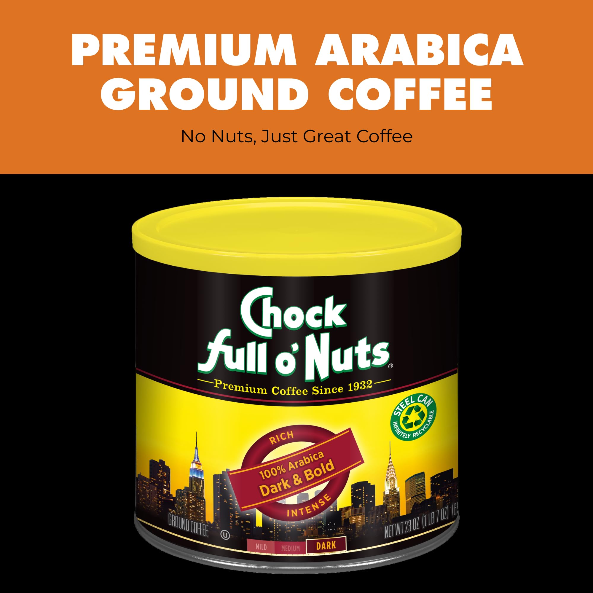 Chock Full o' Nuts Dark Bold brewed coffee in cup, captures smooth aroma and deep flavor.