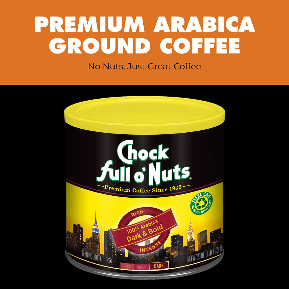 Chock Full o' Nuts Dark Bold brewed coffee in cup, captures smooth aroma and deep flavor.