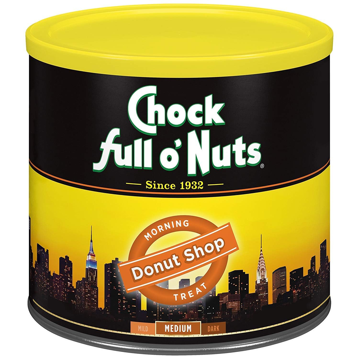 Chock Full o'Nuts Donut Shop ground coffee in a steel can for lasting freshness.