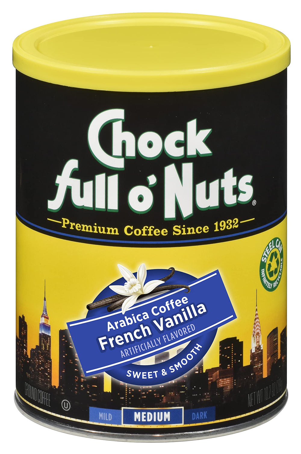 Chock Full o’ Nuts French Vanilla can front view, rich aroma for daily mornings.