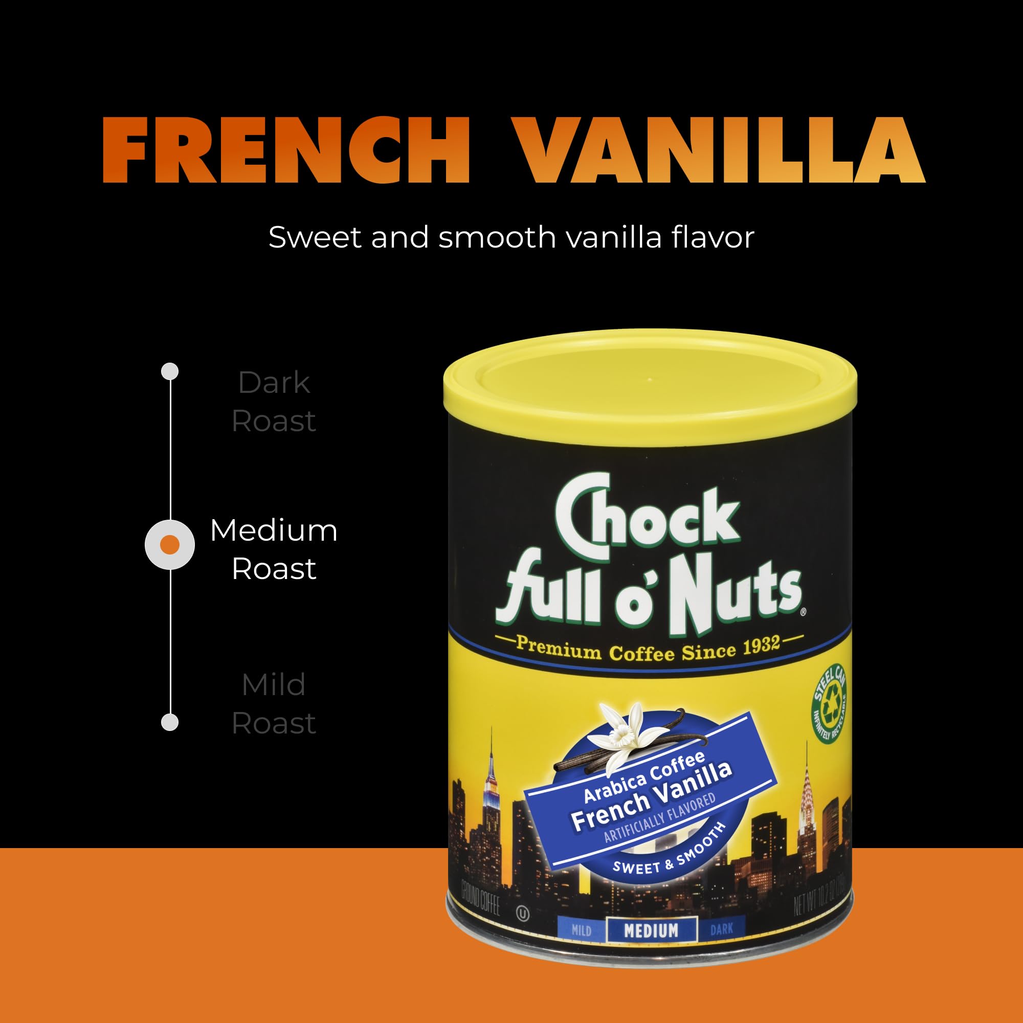 Chock Full o’ Nuts beans close-up, premium blend hints balanced flavor.