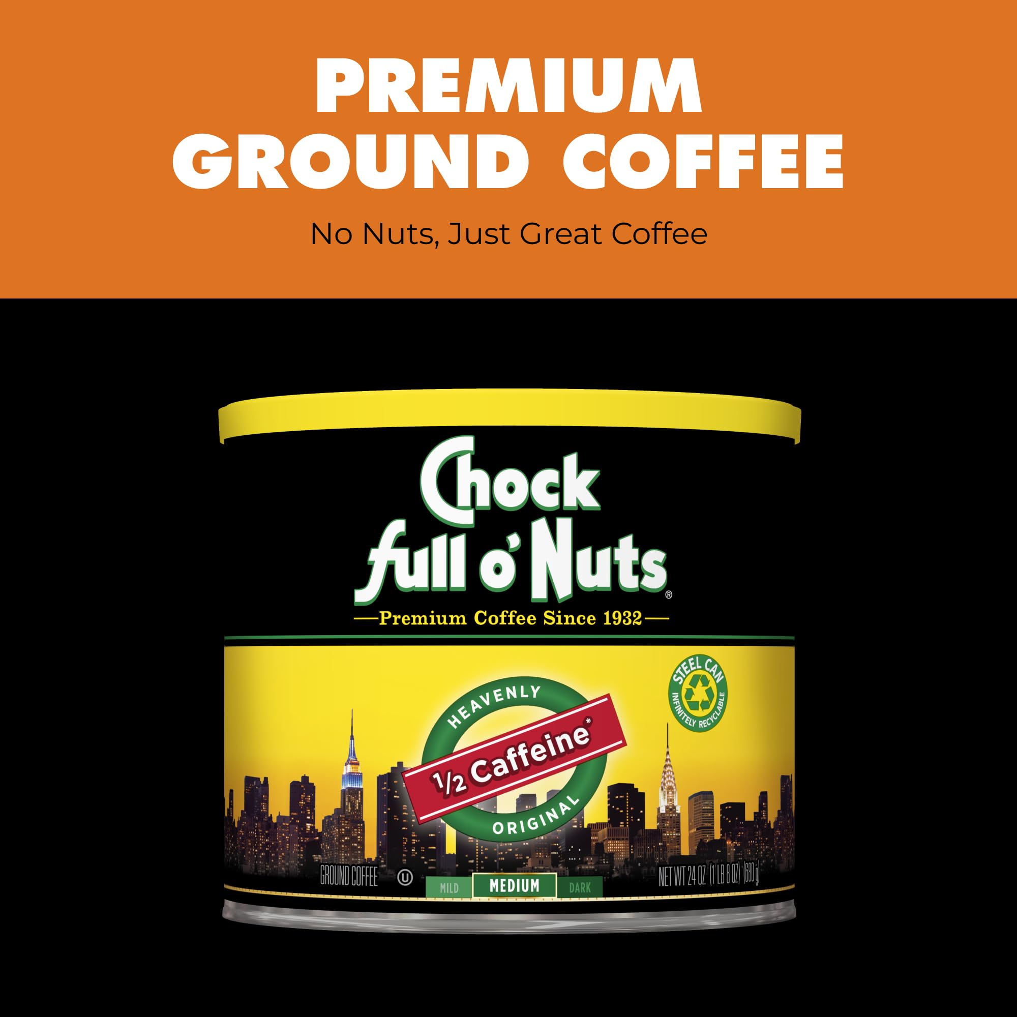 Ground coffee ready for drip brewing with Chock Full o' Nuts Half Caffeine