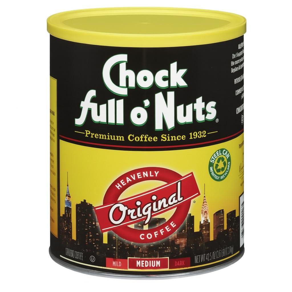 Chock Full o'Nuts Heavenly Original ground coffee can side view for daily use