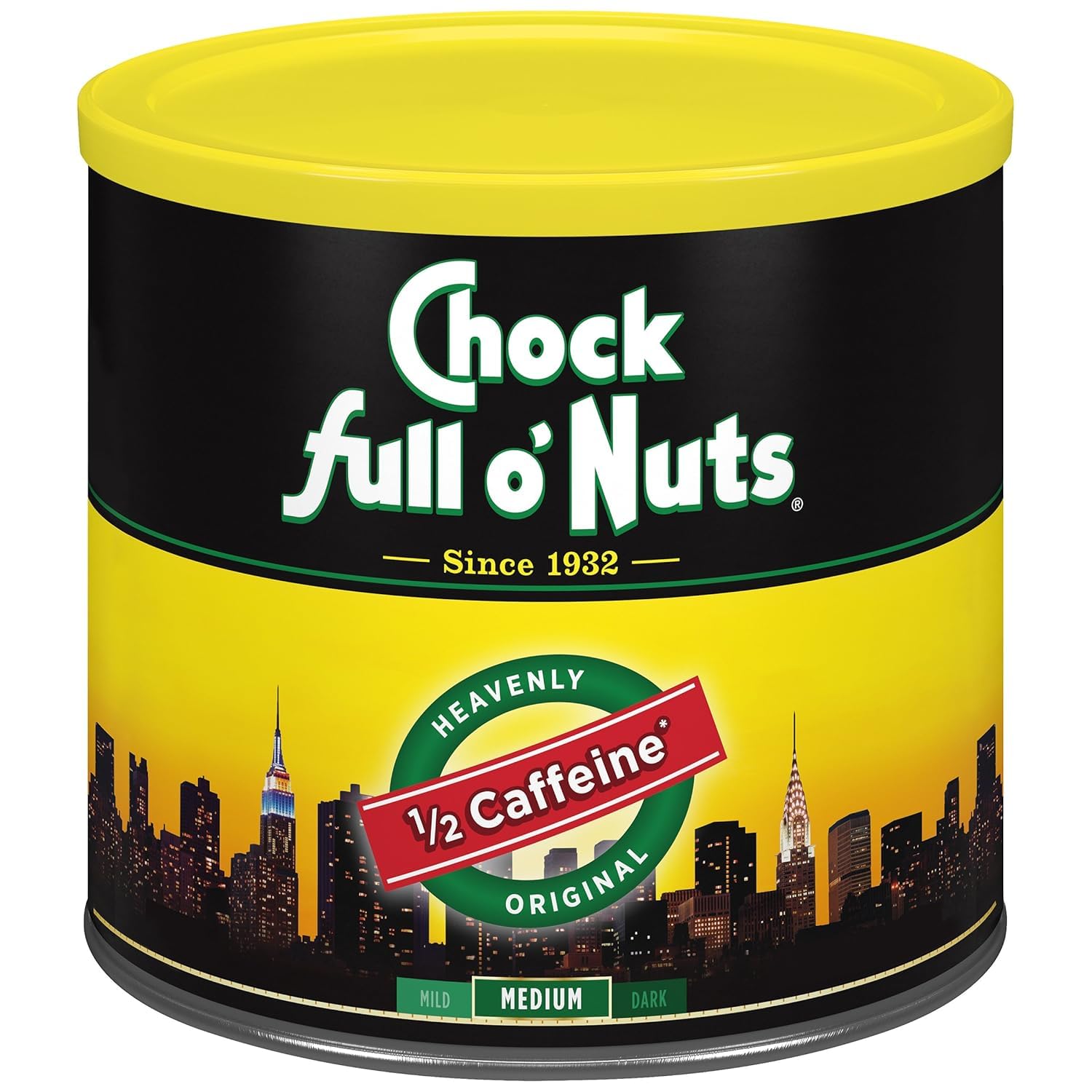 Chock Full o' Nuts Heavenly Original Half Caffeine can front view showing premium coffee aroma