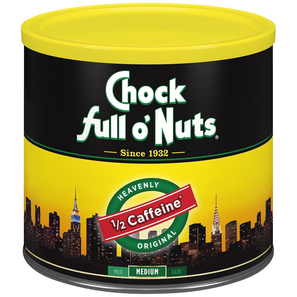 Chock Full o' Nuts Heavenly Original Half Caffeine can front view showing premium coffee aroma