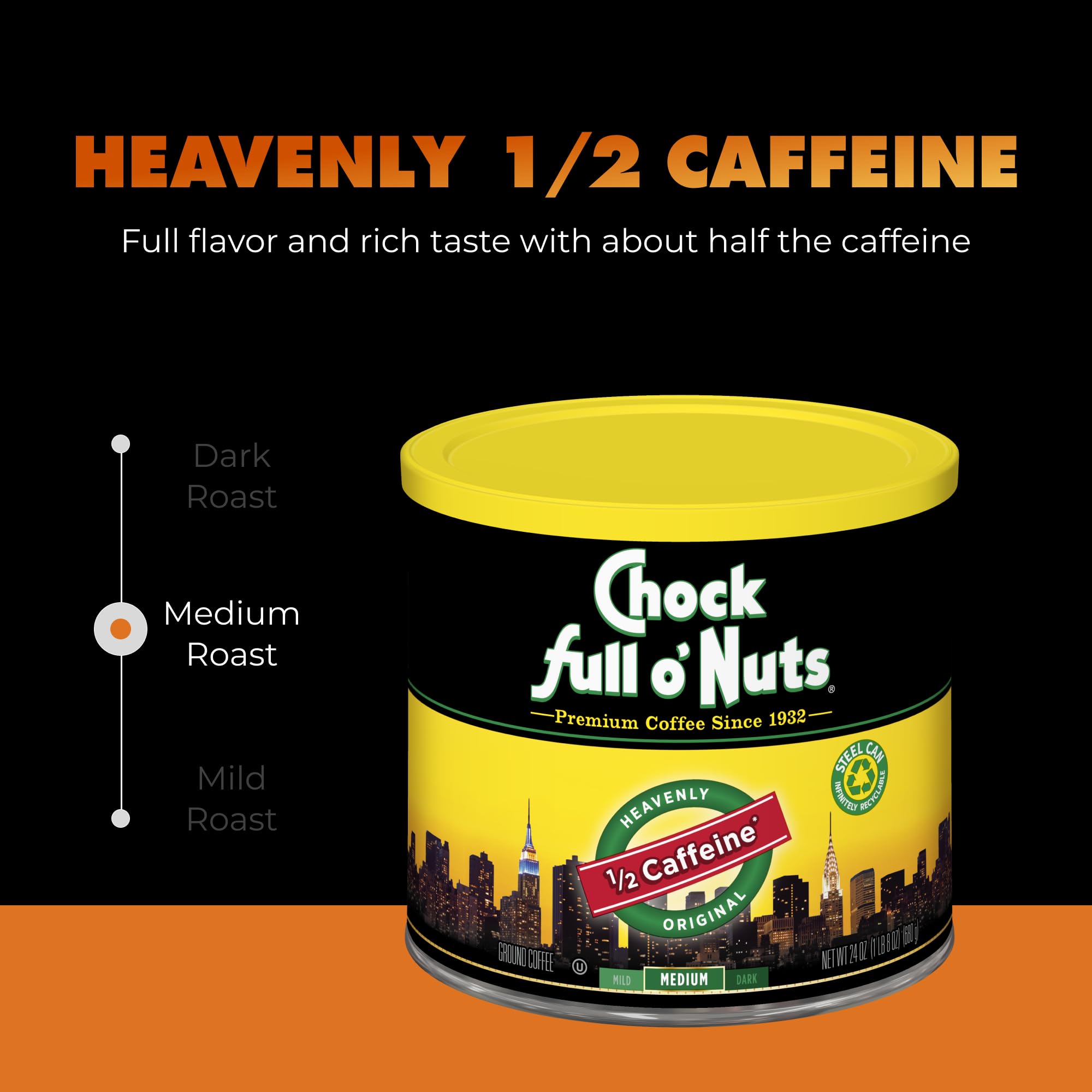 Close-up of Heavenly Original Half Caffeine label highlighting medium roast