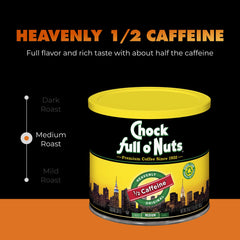Close-up of Heavenly Original Half Caffeine label highlighting medium roast
