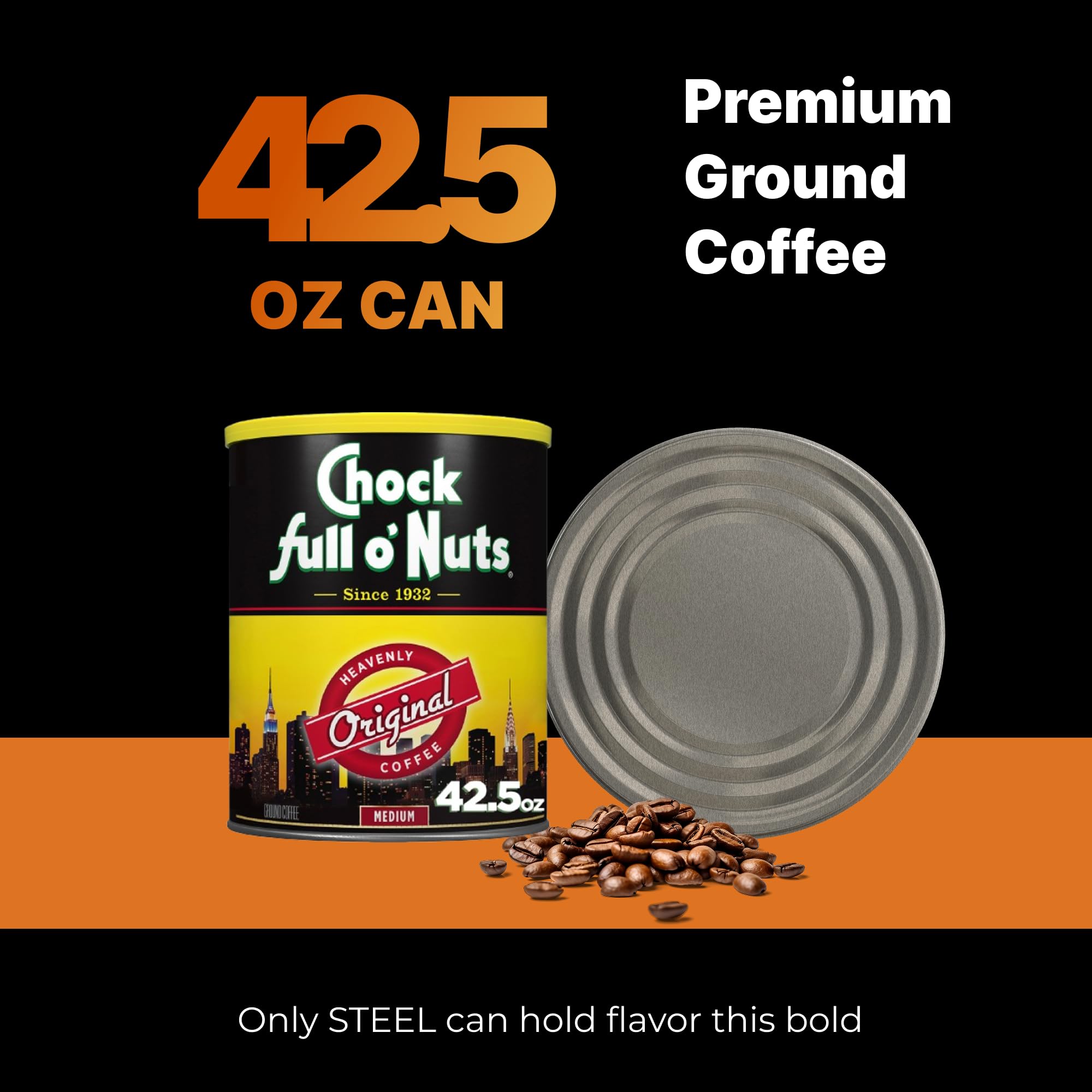 Chock Full o'Nuts Heavenly Original recyclable steel can labeling and eco-friendly packaging