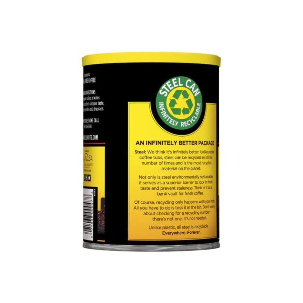 Chock Full o'Nuts Heavenly Original steel can close-up emphasizing recyclable packaging.