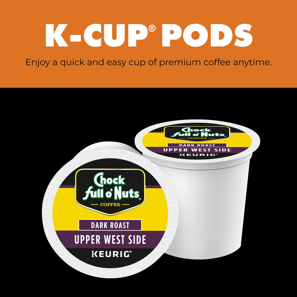 Chock Full o' Nuts pods and cup illustrating convenient single-serve use.