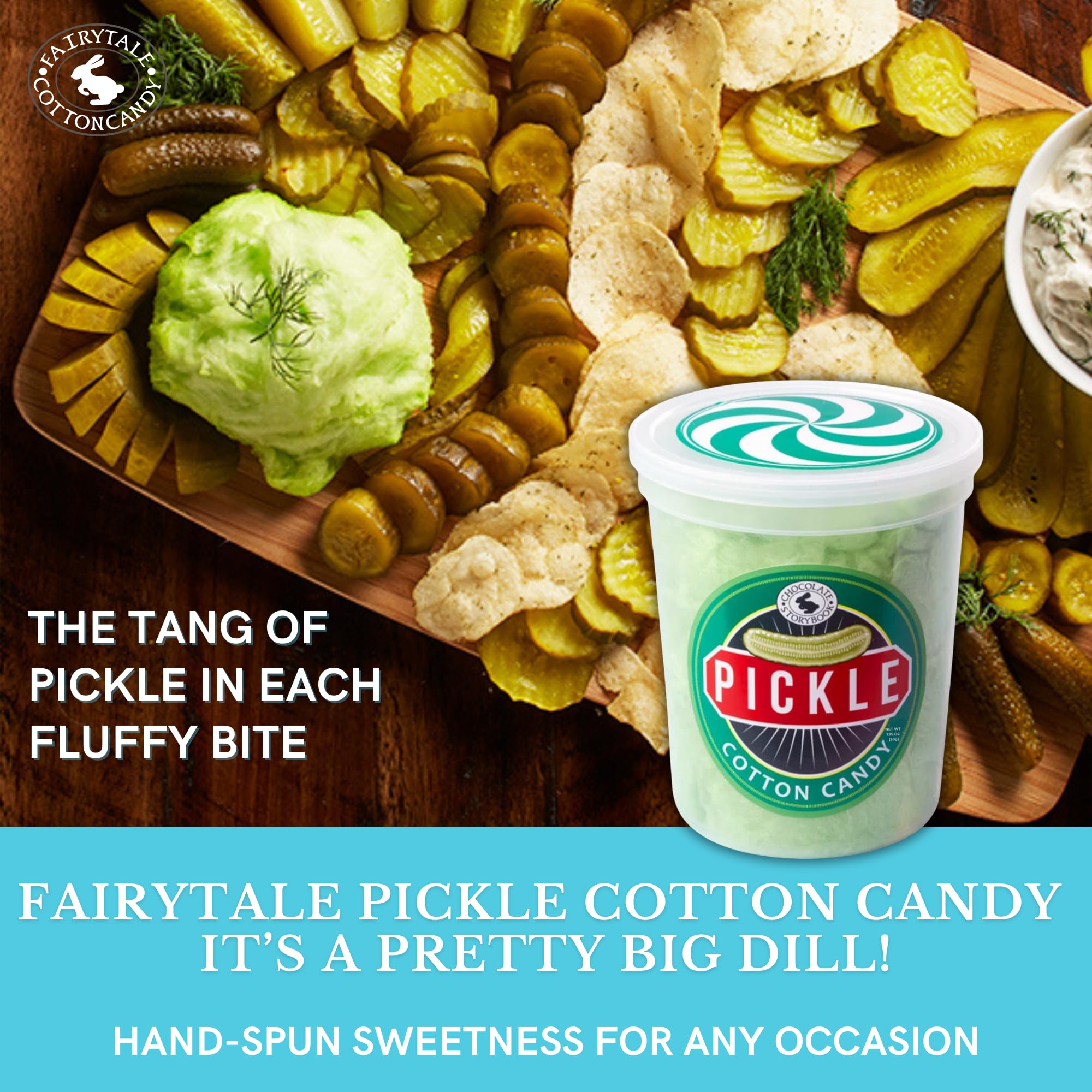 CHOCOLATE STORYBOOK pickle cotton candy serving jar invites sharing celebrations.