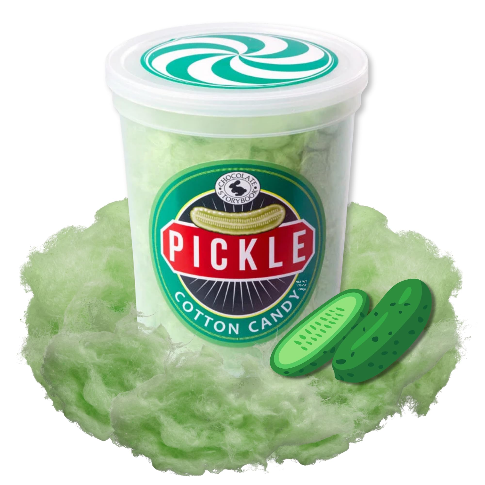 CHOCOLATE STORYBOOK pickle cotton candy tub shows pickle flavor, ideal party treat.