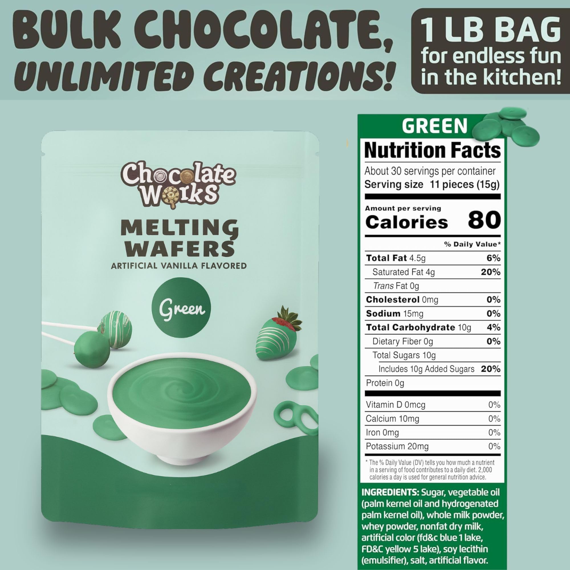 Chocolate Works Green Melting Wafers bag closeup, premium quality for seamless melting in home kitchens.