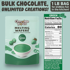Chocolate Works Green Melting Wafers bag closeup, premium quality for seamless melting in home kitchens.