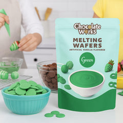 Chocolate Works Green Melting Wafers decorating cakes, tips for glossy chocolate decorations.
