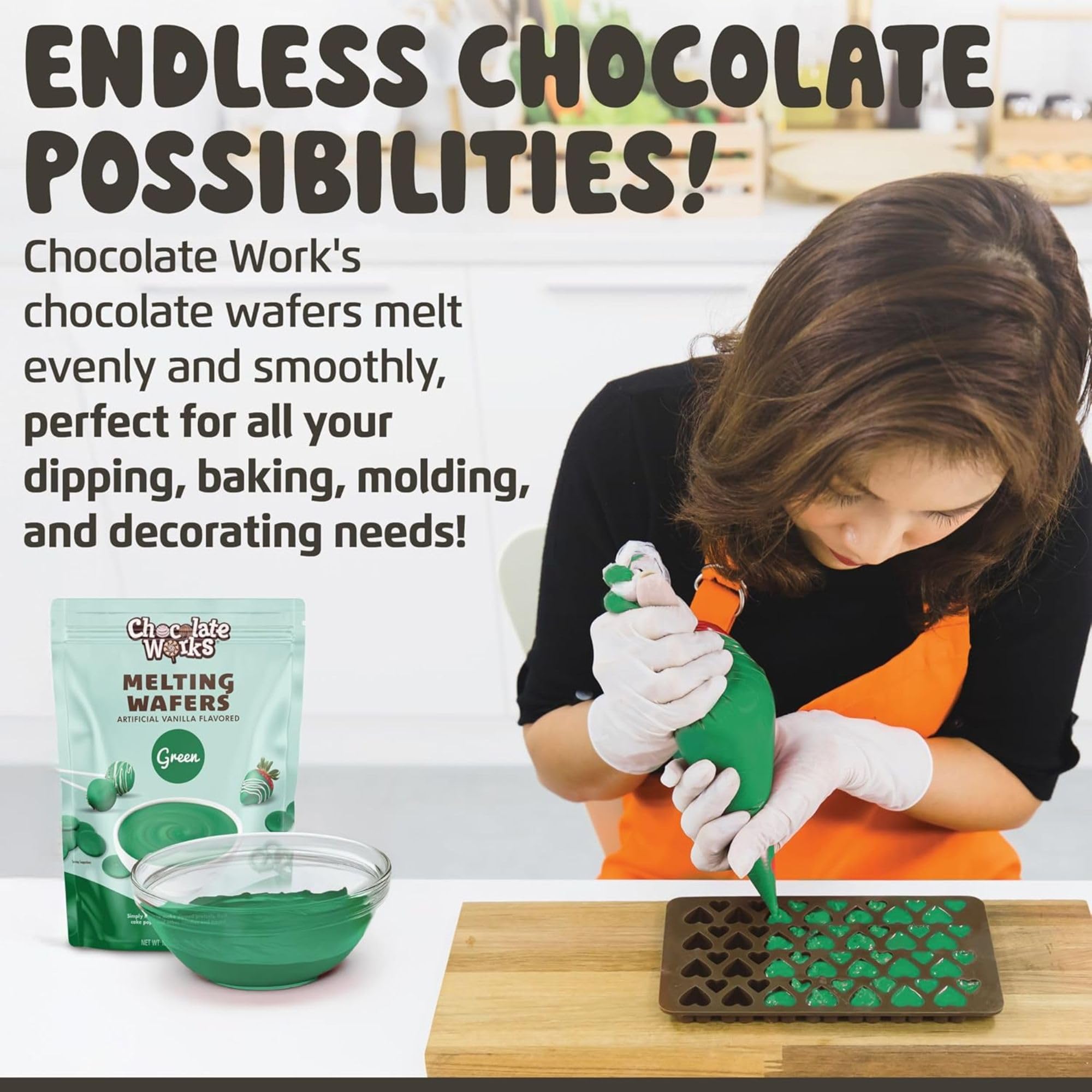 Chocolate Works Green Melting Wafers melt and pour closeup, ideal for dipping fruits and candies.