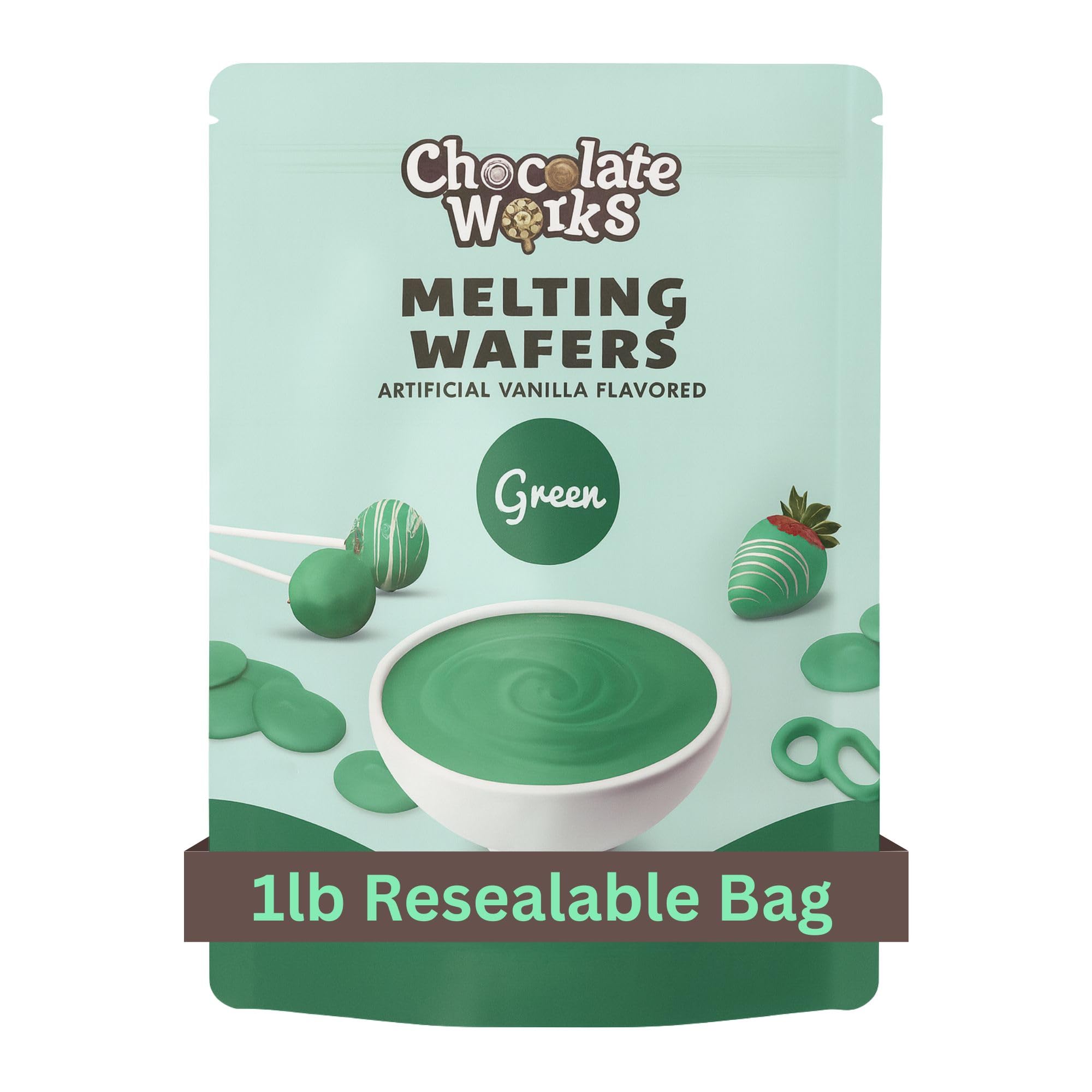 Chocolate Works Green Melting Wafers pack front, smooth melting for dip and decorate desserts.