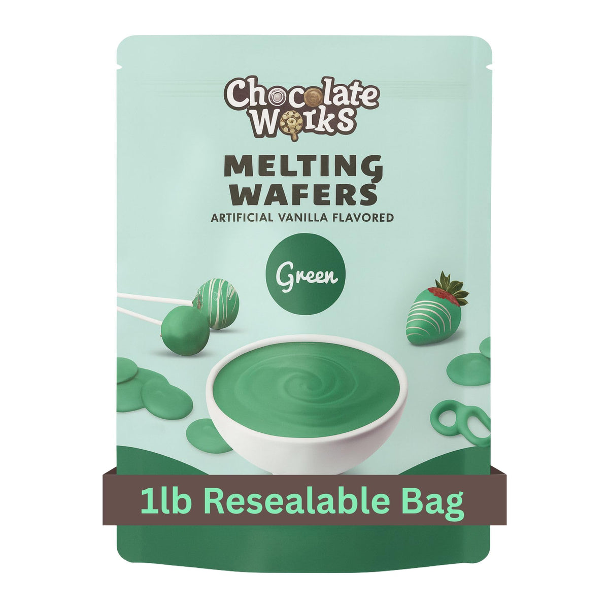 Chocolate Works Green Melting Wafers pack front, smooth melting for dip and decorate desserts.